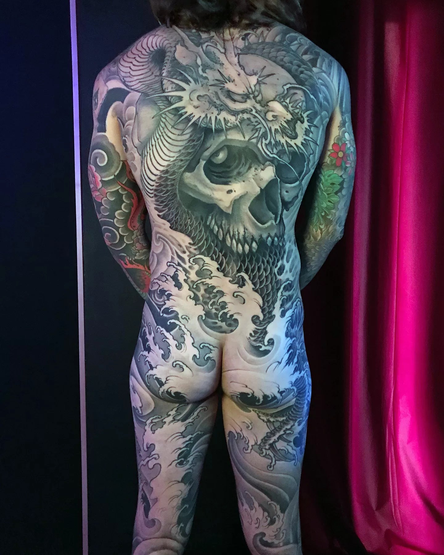 skull and dragon backpiece tattoo by joao bosco