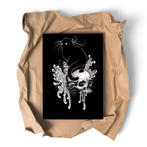 Black cat , chrisanthemum and skull  A3 print