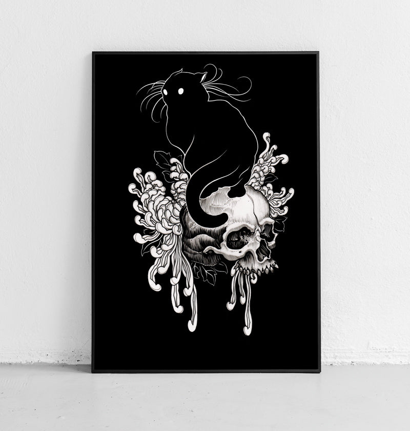 Black cat on a skull print by Joao Bosco 