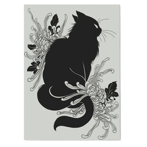 Black cat and chrysanthemums A3 print