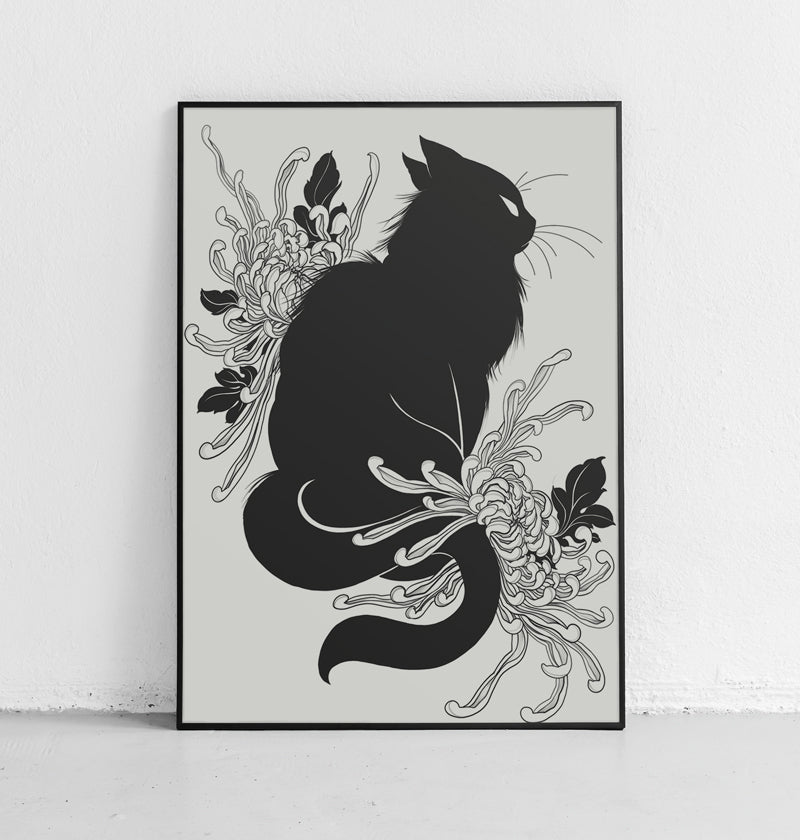 Black cat and chrysanthemums print by Joao Bosco 
