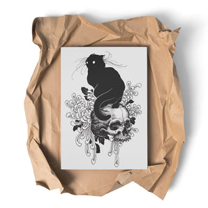 Black cat, crysanthemum and skull A3 print 
