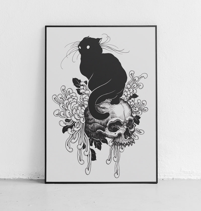 Black cat on a skull print by Joao Bosco